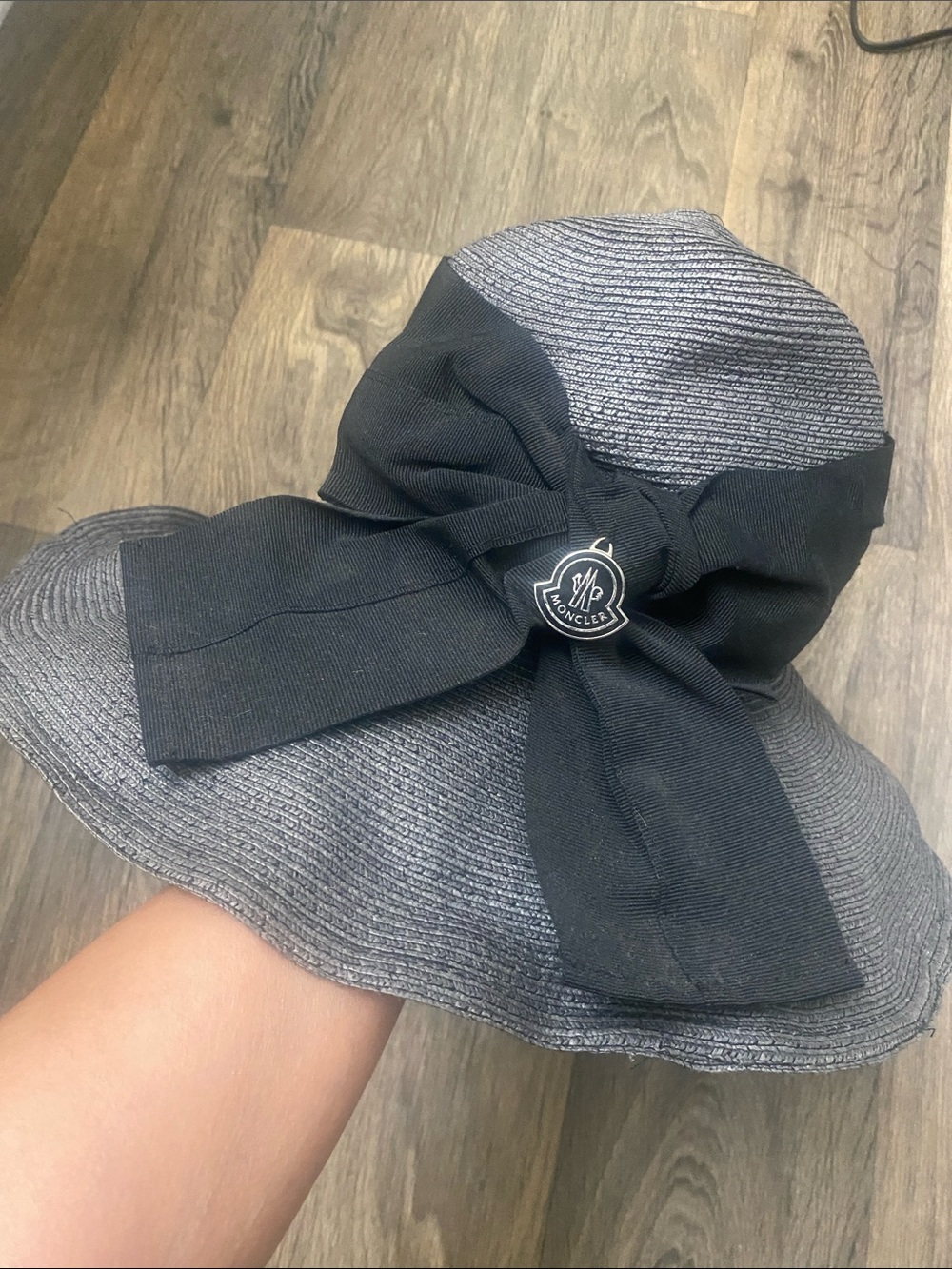 Moncler Gray Hat with Black Ribbon Bow